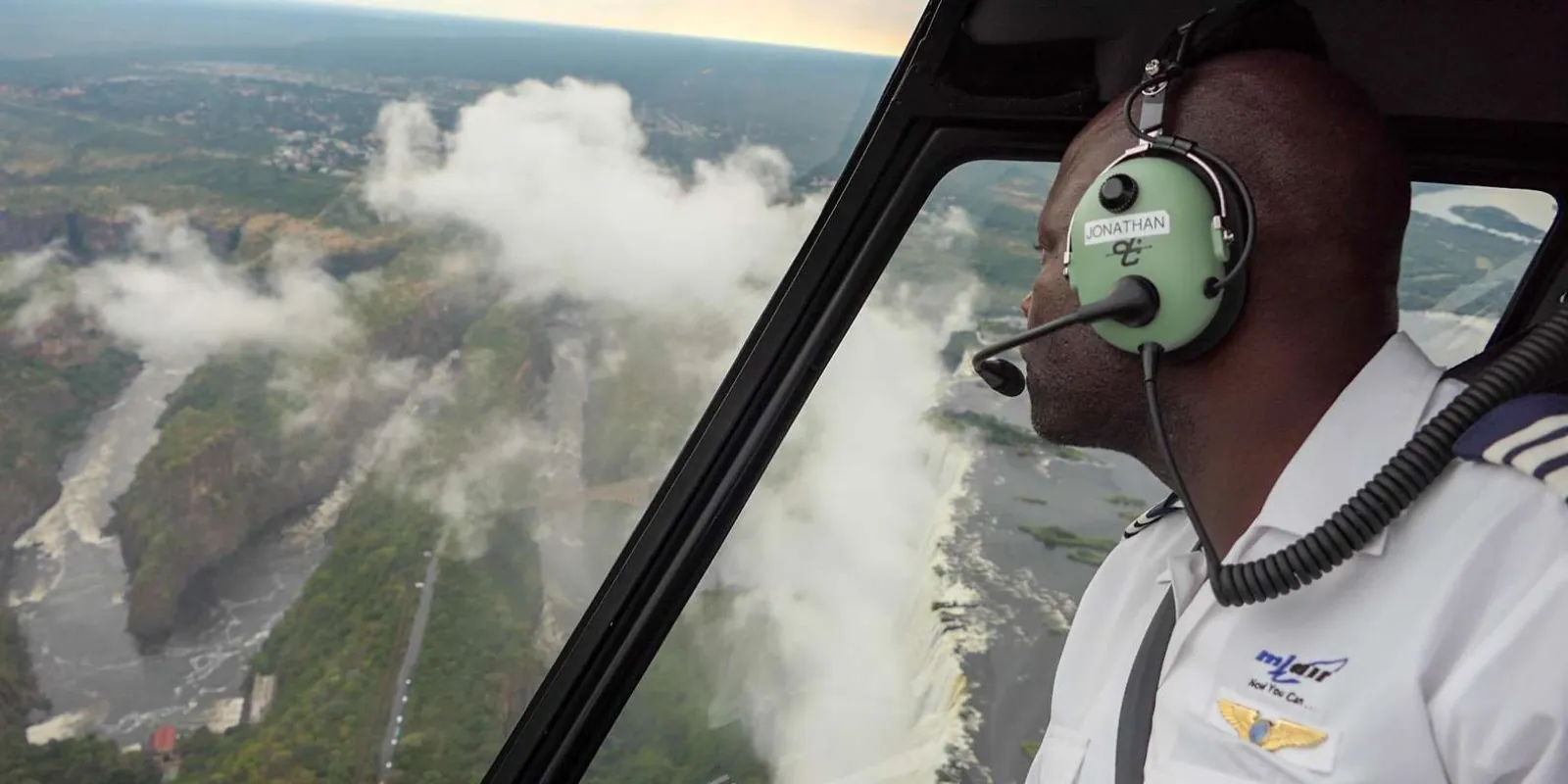 The Zambezi River approaching Victoria Falls as seen from a helicopter window